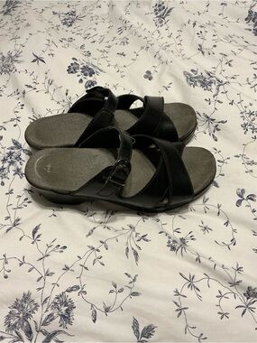 Dansko Black Leather Slide Sandals with Buckle Strap